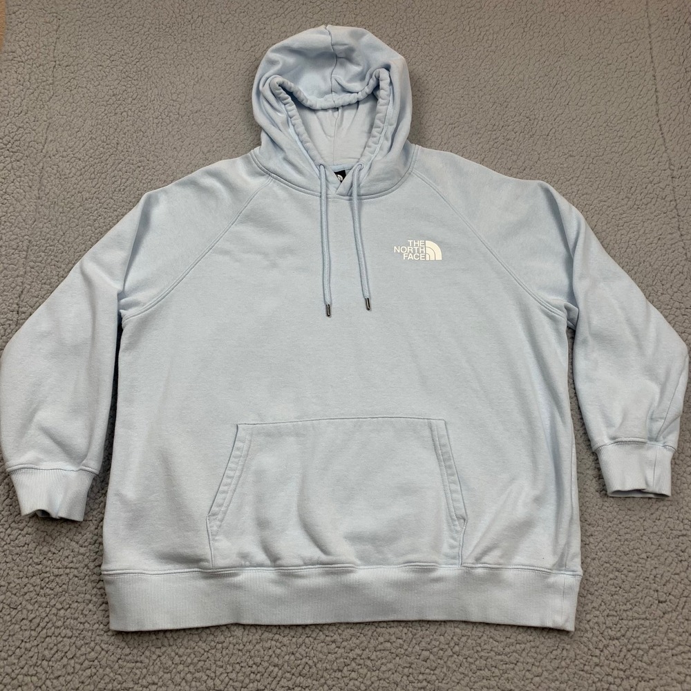The North Face Hoodie‎ Womens XXL Light Blue Box Logo Graphic Pullover Fleece